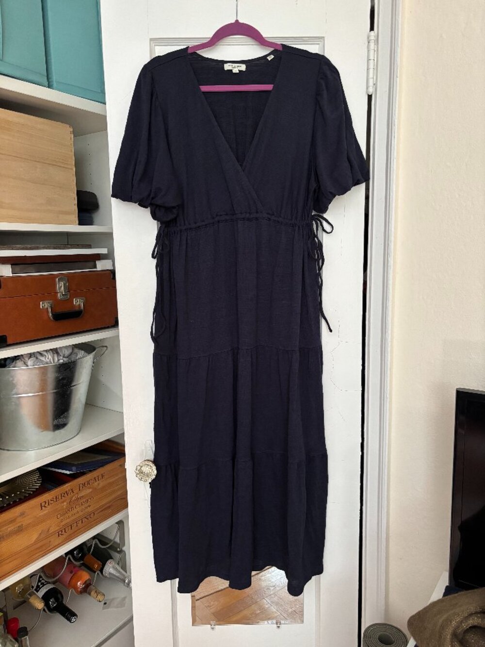 Max Studio London Navy Blue Tiered Puff Sleeves Midi Dress Size 1X